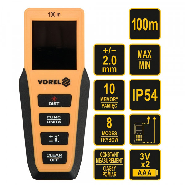 Дальномір лазерний VOREL 81795 0.2-100 м ± 2 мм, 8 режимів