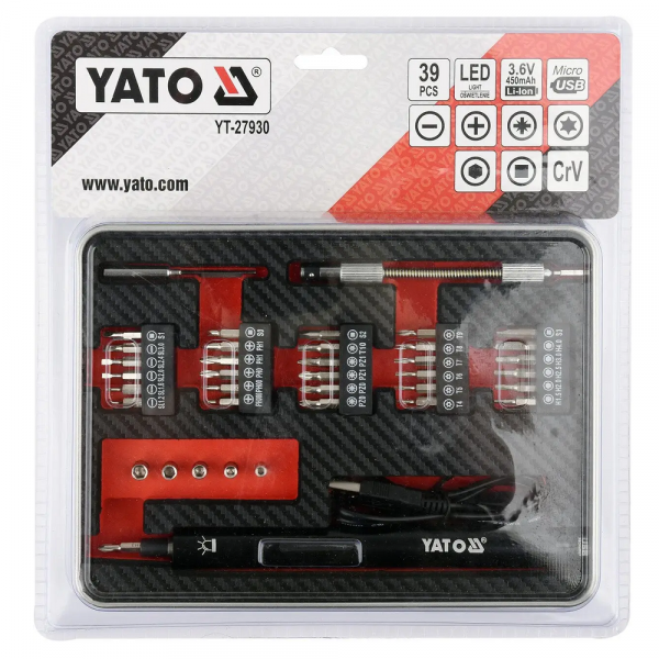 Викрутка акумуляторна з набором біт 39 предметів Yato YT-27930 в кейсі