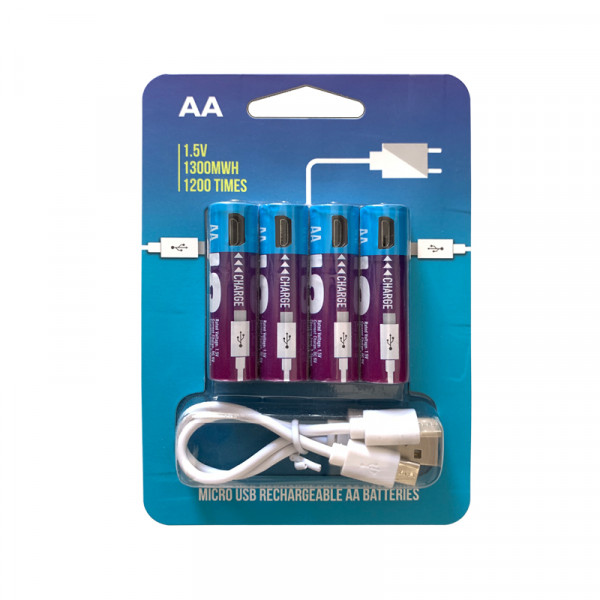 Акумуляторні батареї АА 1300Mah 1.5V з зарядкою Micro USB, 4 штуки