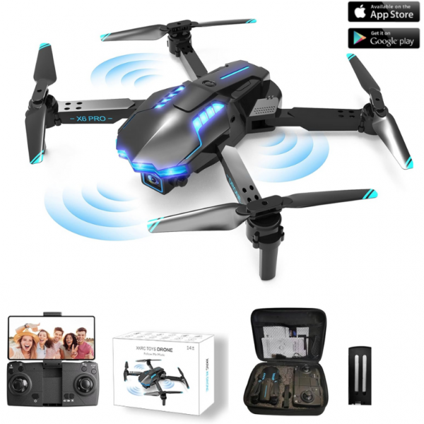 Квадрокоптер c камерой X6 – дрон c подсветкой 4K, Wifi детский дрон с защитой на лопасти до 15 мин. полета