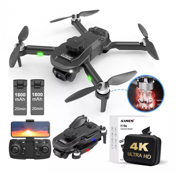 Квадрокоптер F196 с камерой - дрон 4К HD FPV, БК моторы, до 30 мин. кейс (+1 аккумулятор + батарейки)