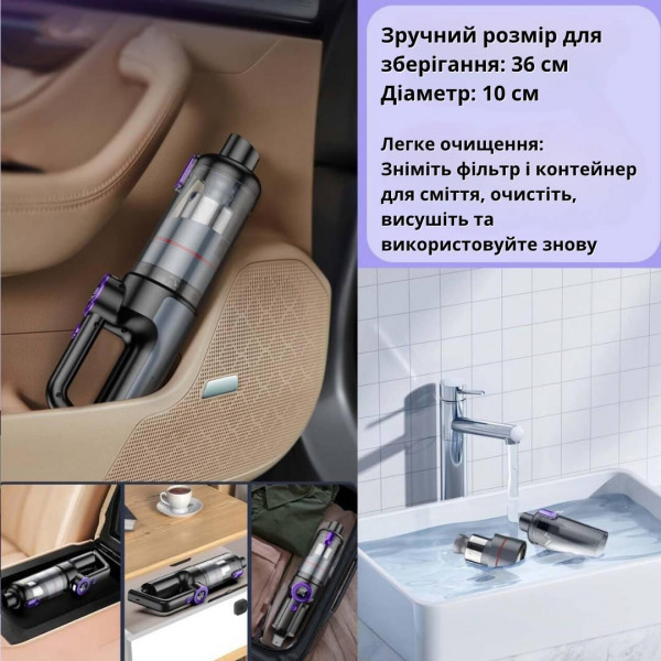 Аккумуляторный автомобильный пылесос VC028 15000 kPa, беспроводной,  для дома автомобиля. + сумка/арома/фибра