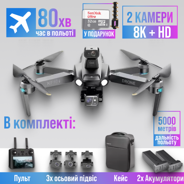 Квадрокоптер Kfplan KF104 Max - дрон для разведки с 4K, ESC, 5G WI-FI, GPS, FPV, БК моторы, 6 км, до 80 мин.
