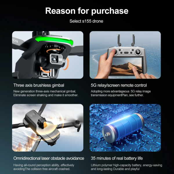 Профессиональный Квадрокоптер S155 2.7K камерой, дрон с 3-осевым подвесом, 6 км, 40 мин.  экран на пульте